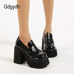 Women's Girls Chunky Platform Shoes High Heel PU Leather Slip On Casual Shoes School Office Loafers