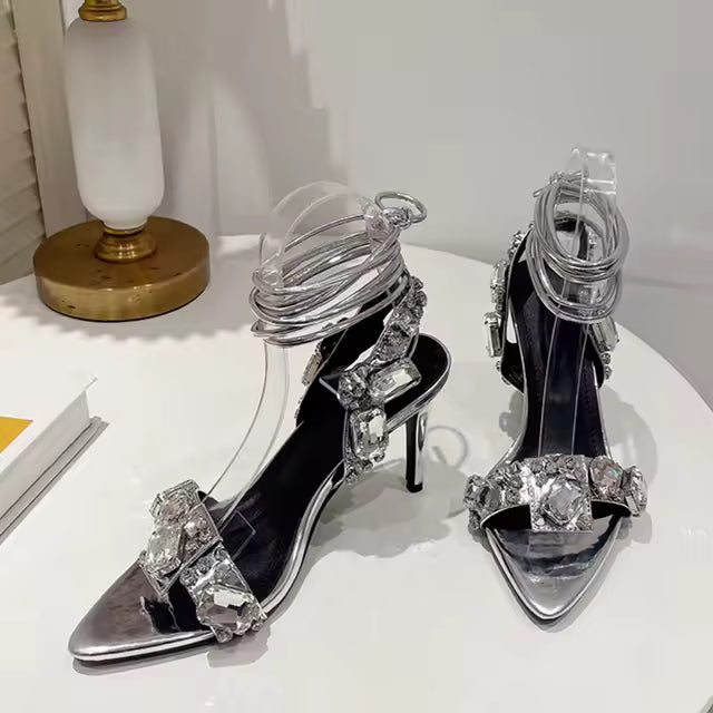 Ankle Strap silver stiletto  Sandals 