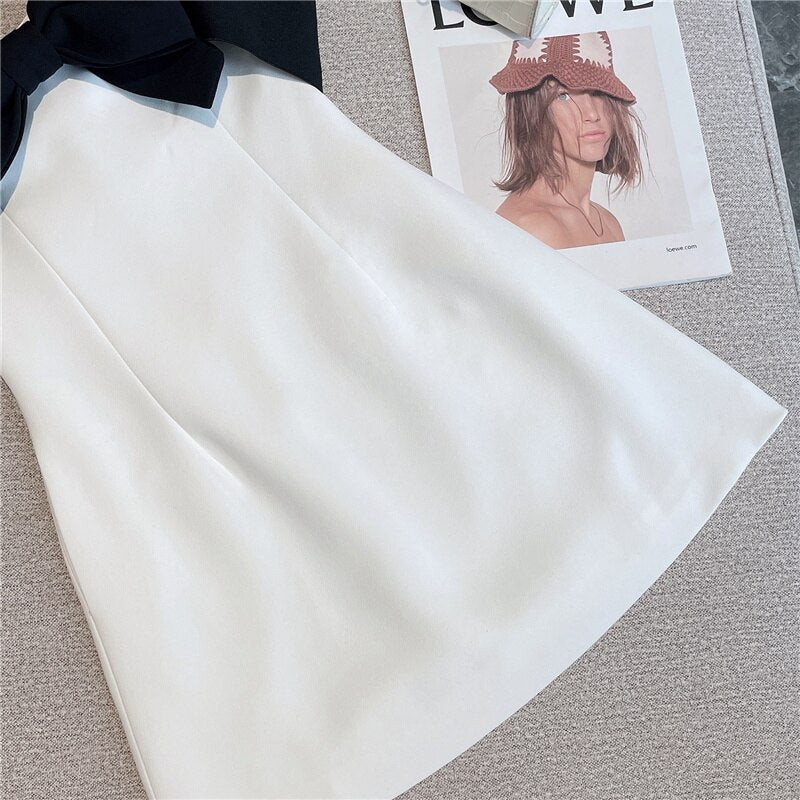 white dress with black bows High Waist Strapless Bow Mini Dress Women white