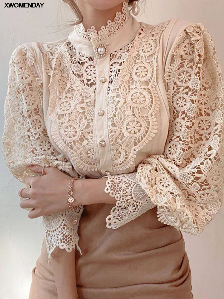 Women's Chiffon Turtleneck Shirt Button Chic Floral Lace Fluffy Long Sleeve Shirt Elegant Boutique Fashion Hollow Out Oversize White Blouse