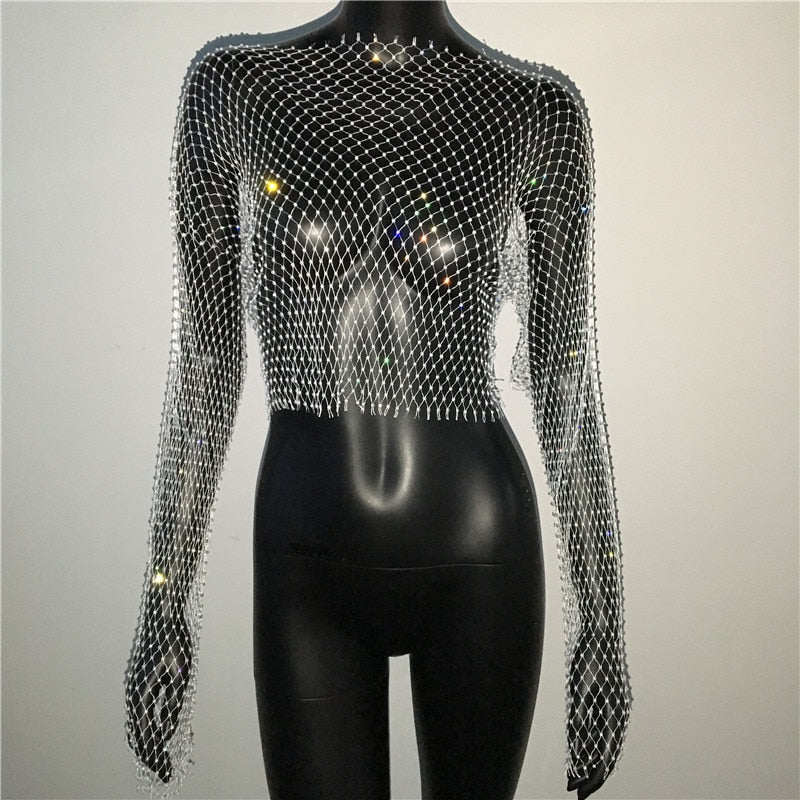 Rhinestone Fishnet Top Women Crystal Diamond Mesh Sparkling Sheer Long Sleeve Party Fashion