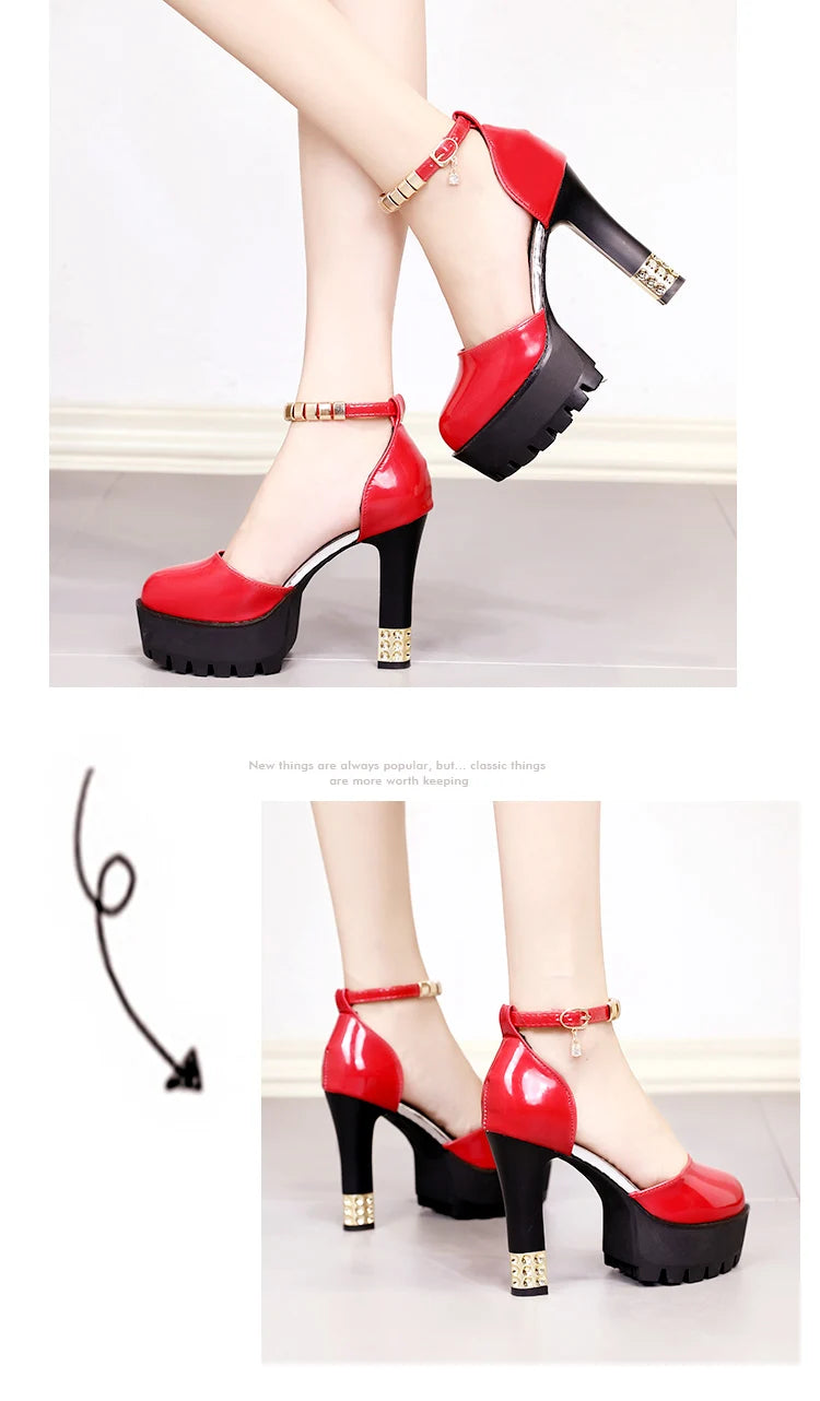 Stylish Women's Platform High Heels – Chunky Heel, Ankle Strap, Patent Leather Pumps