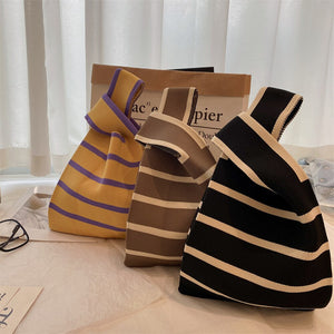 Knitted Handbag Women's Plaid Tote Bag Reusable Grocery Bag Adjustable Strap Minimalist Bag