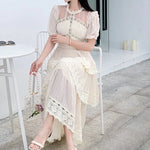 Women's Lace Long Dress High Quality 3 Tier Ruffles Boutique Design Short Sleeve Lace Patchwork Dress