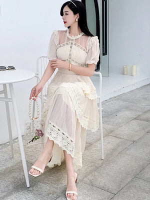 Women's Lace Long Dress High Quality 3 Tier Ruffles Boutique Design Short Sleeve Lace Patchwork Dress