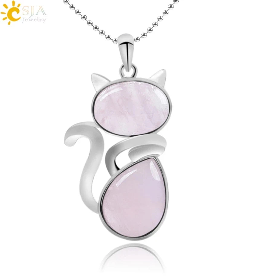 Natural Stone Necklaces Pink Quartz Pendants for Women Girl Cute Cat Shape Rock Black Onyx Beads Chain Jewelry