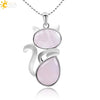 Natural Stone Necklaces Pink Quartz Pendants for Women Girl Cute Cat Shape Rock Black Onyx Beads Chain Jewelry