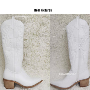 Women's Western Style Cowboy Boots Knee High Fashion Pointed Toe Cowgirl White Embroidered Boots Chunky Block Heel