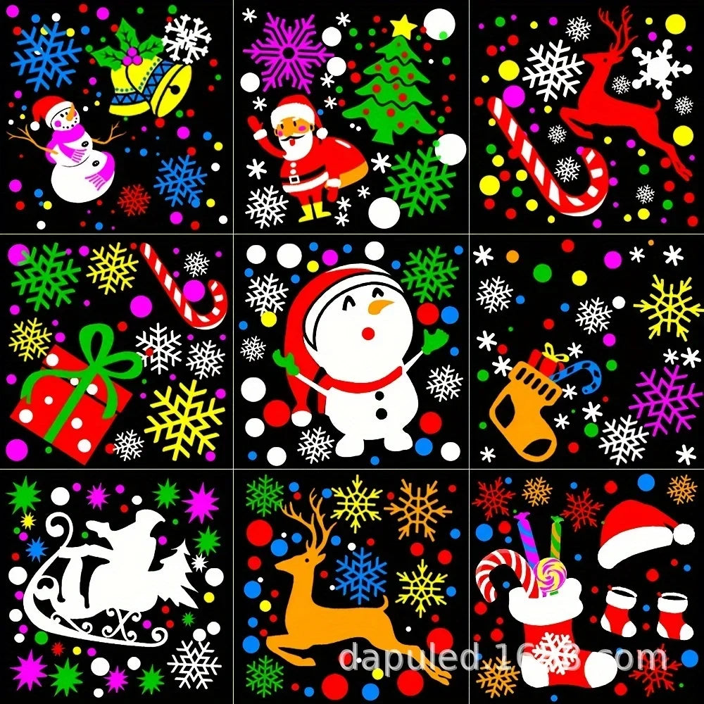 Nine Christmas-themed stickers with various designs including snowmen, reindeer, and presents on a black background.