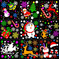 Nine Christmas-themed stickers with various designs including snowmen, reindeer, and presents on a black background.