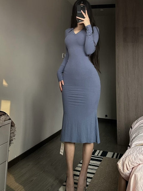 High Waist Fishtail Maxi Dress Women Long Sleeve Wrap Slim Elegant Casual Fashion Dress