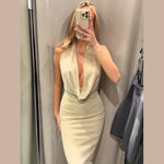 Sexy Knit Halter Backless Metallic Dress Chic Swinging Collar Sleeveless Slim Dresses Elegant Evening Party Wedding Guest Dress