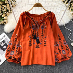 Women's O-Neck Loose Fit Embroidered Tops Loose Fit Casual Blouses Lantern Sleeve