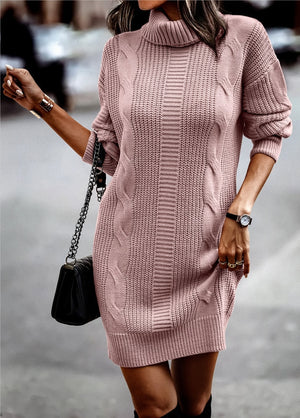Women's Turtleneck Knitted Long Sleeve Sweater Dress Long Sleeve Pullovers Robe Elegant Sweater Dresses
