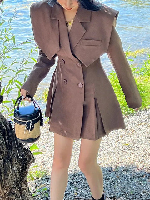 Blazer Dress Women Long Pleated A-Line Suit Coat Mini Chic Contemporary Office Fashion Dress