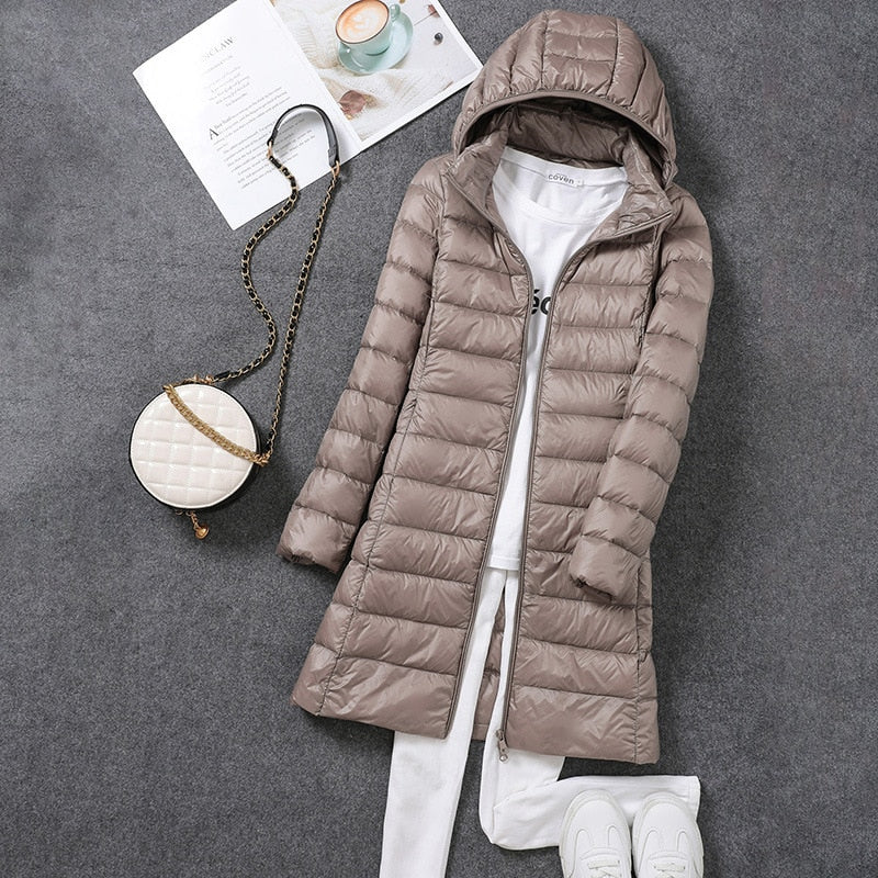 Women's Jacket Ultralight Thin Packable Long Down Jacket Puffer Slim Hooded Parka