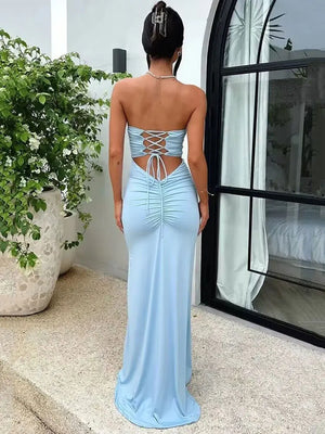 Strapless Backless Lace-Up Maxi Dress Spring Summer Off-Shoulder Sleeveless Sexy Bodycon Club Party Long Dress