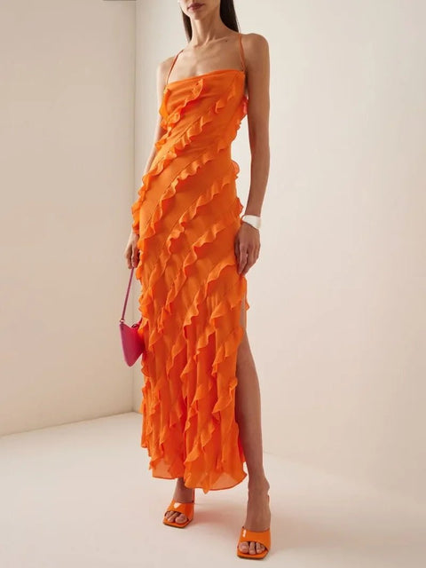 Maxi Dress Women Elegant Side Split Sleeveless Backless Ruffle Formal Evening Wedding Party Spring Summer