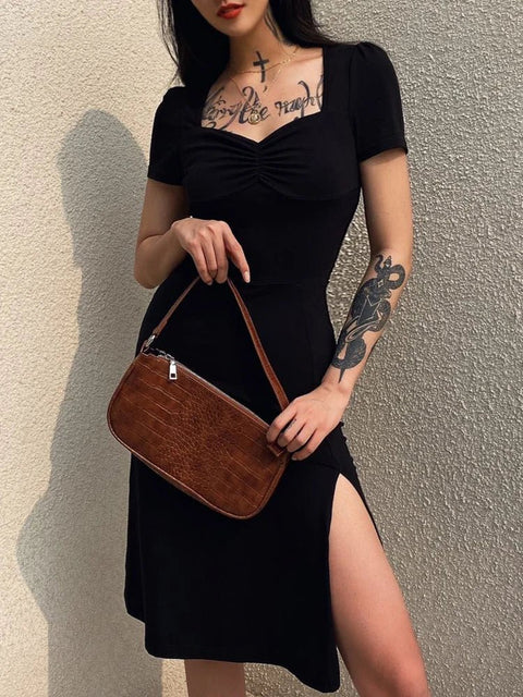 Midi Dress Women Chic Ruched Black Square Neck Side Split Short Sleeve Vintage Gothic Summer Party