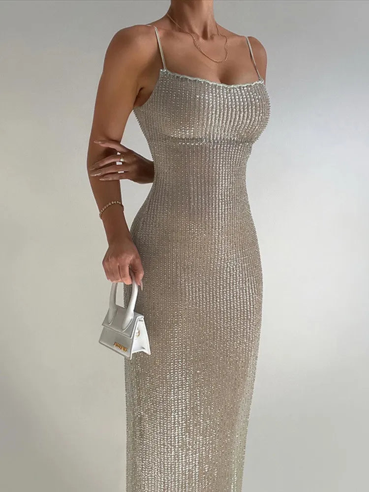 Spaghetti Strap Sparkle Sequin Maxi Dress Women Glitter Elegant Sleeveless Long Dress Sexy Party Club Evening Dress