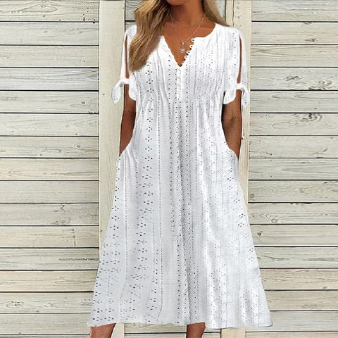 Lace Ruched Hollow Out Midi Dress Women Pleated Short Sleeve V-Neck Button Elegant Summer Fashion
