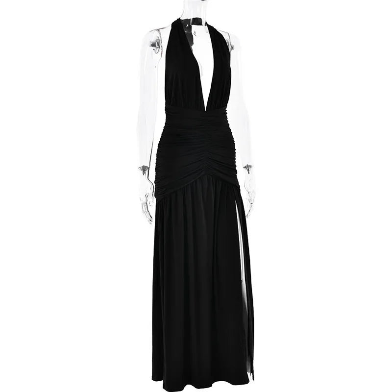 Elegant Halter Maxi Dress with High Slit in Deep Burgundy Black & White Colors