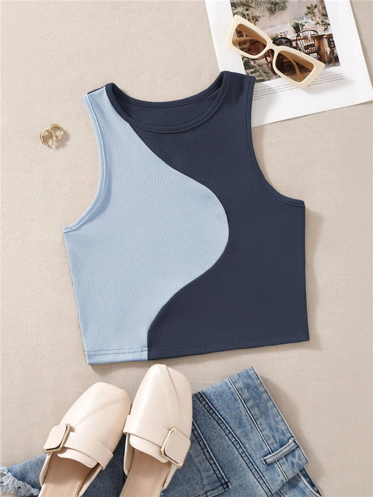 Y2K Clothes Streetwear Baby Tee Vest Cute Preppy Patchwork Bodycon Tank Top Crewneck