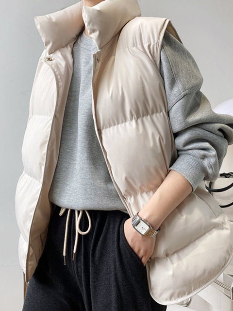 Puffer Vest Women Stand-Up Collar Single Breasted Solid Cotton Filled Warm Winter Fashion Top