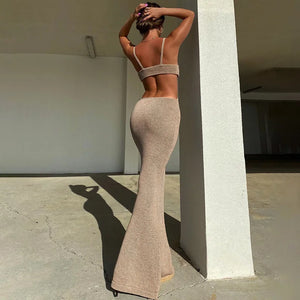 Sexy Summer Hollow Out Maxi Dress Backless Condole Belt Elegant And Chic Dress Pure Color Sleeveless Long Dress