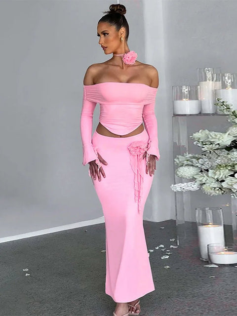 Skirt Set Women 2-Piece Bodycon Flower Slim Backless Lace-Up Top Elegant Party Long Dress Suit