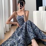 New Fashion Elegant Floral Print Midi Dress Spaghetti Strap Slim A-Line Maxi Chic Dress