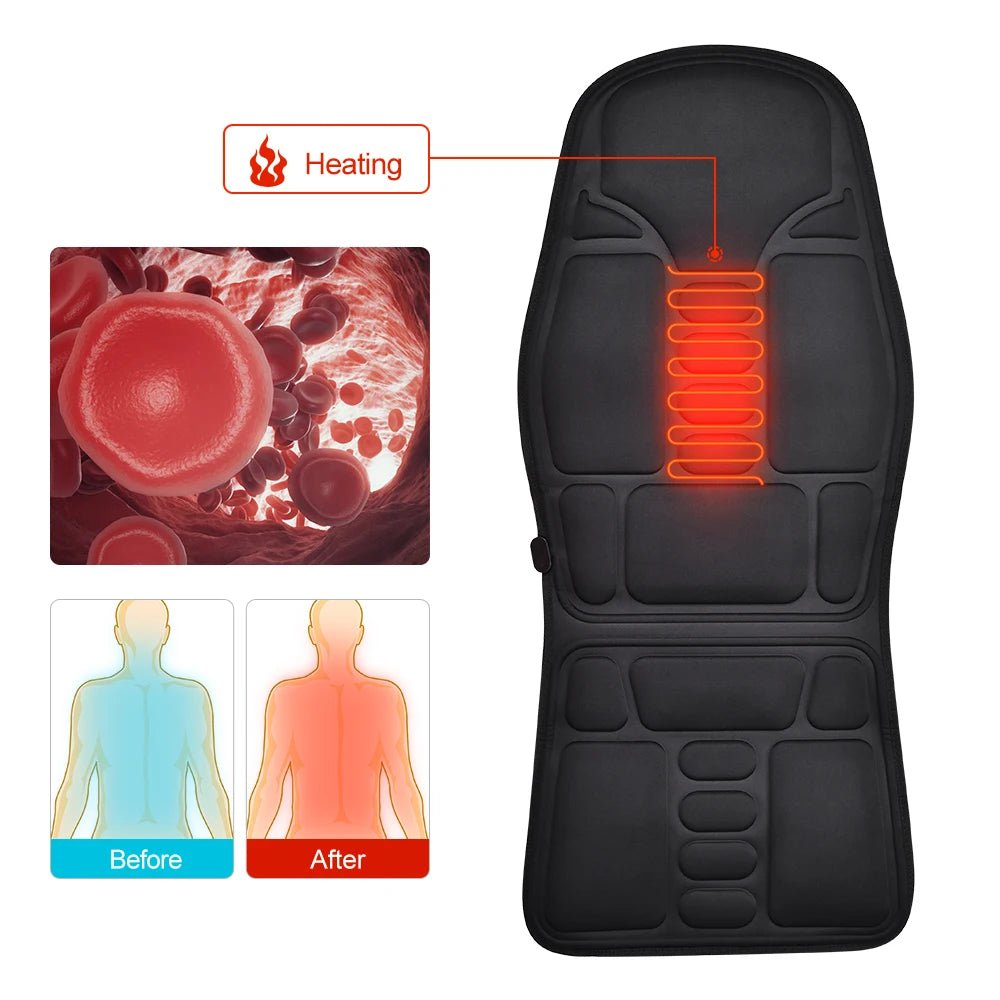 Black massage seat cover with heating element and health benefits illustration on a white background