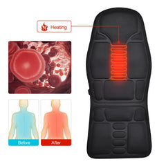 Black massage seat cover with heating element and health benefits illustration on a white background