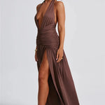 Elegant Halter Maxi Dress with High Slit in Deep Burgundy Black & White Colors