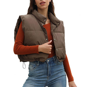 Ultra-Insulated Padded Puffer Vest with High Neck and Adjustable Hem Crop Top Vest