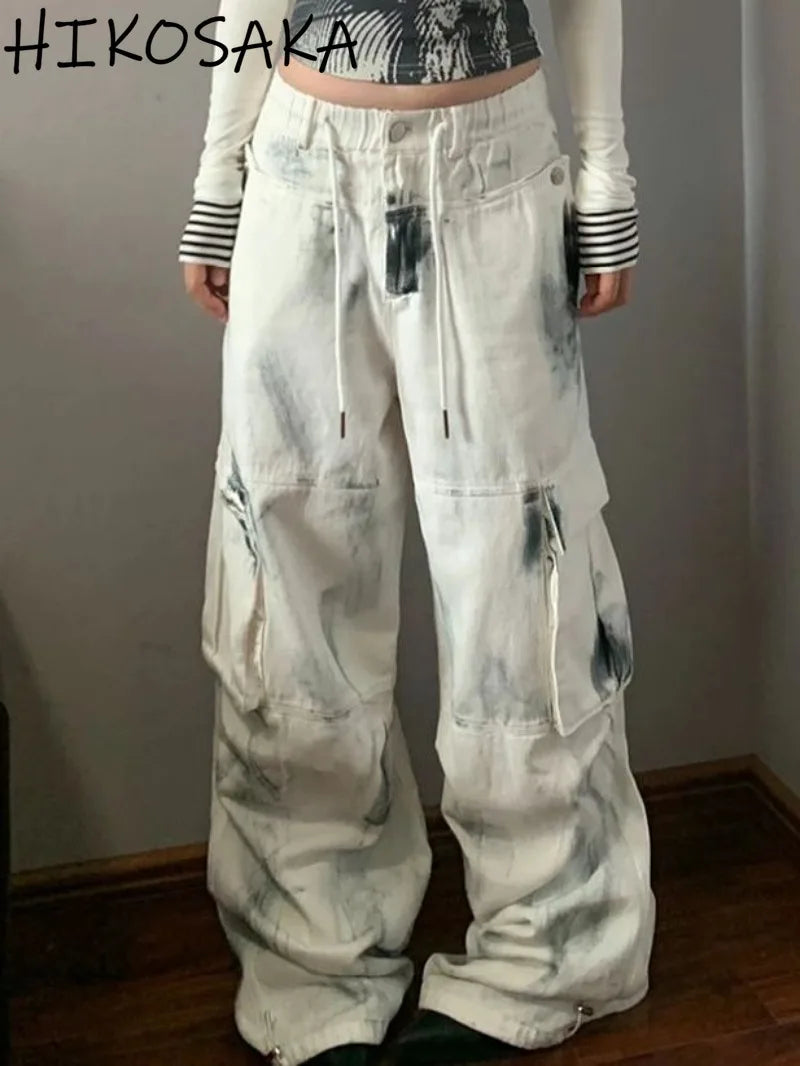 White Stained Multi-Pocket Cargo pants