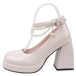 Vintage Chunky High Heel Platform Shoes for Women Pearl Chain and Ankle Straps