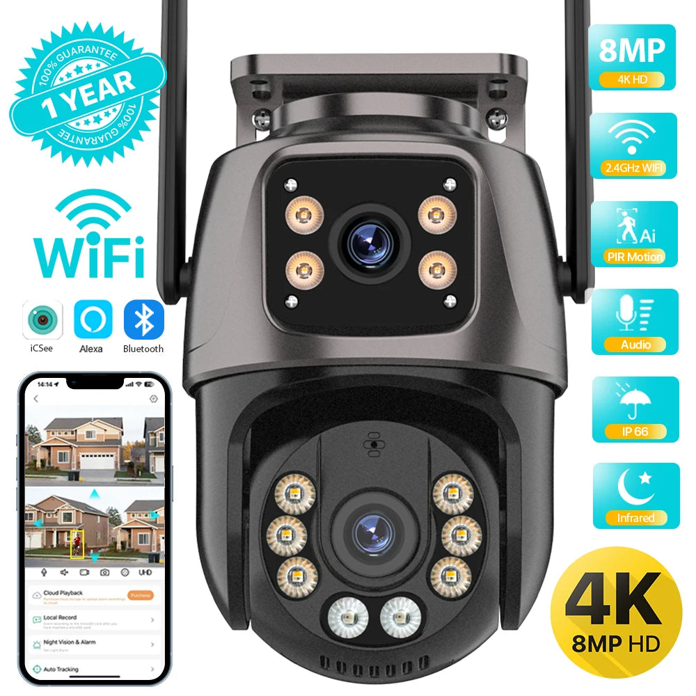 Outdoor security camera with multiple features highlighted on a white background