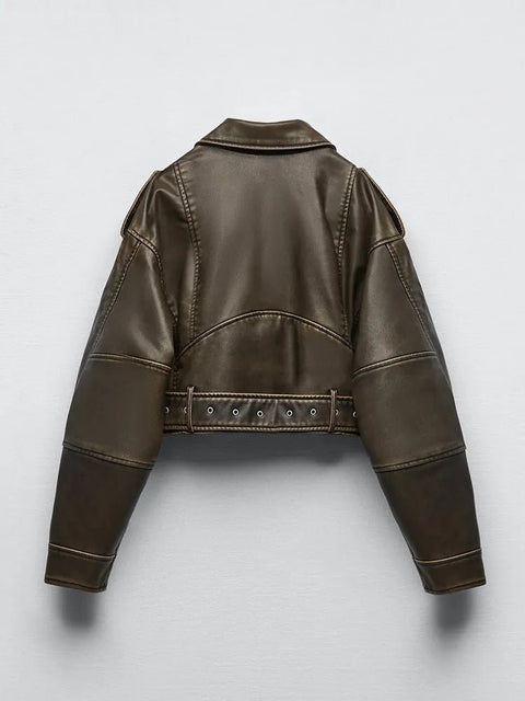Faux Leather Jacket Women Vintage Loose Short Belt Biker Style Retro Casual Outerwear Fashion
