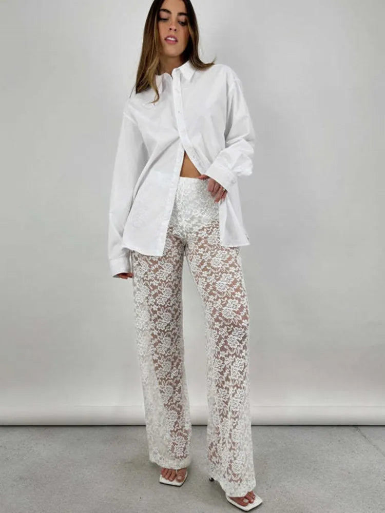 Lace High Waist See-Through  Pants For Women Wide Leg Baggy Hollow Out Trousers High Fashion Straight Pants