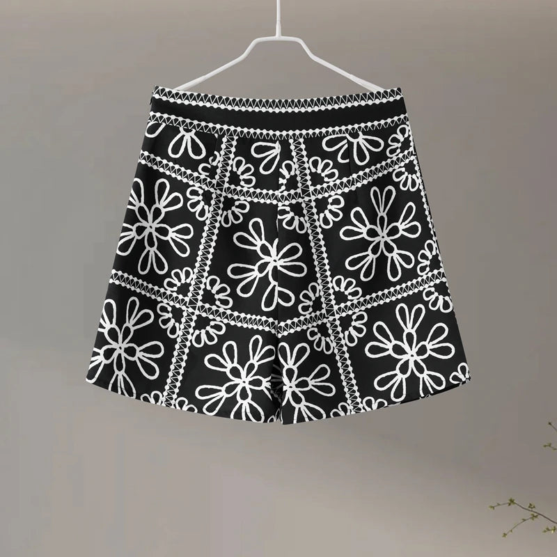 Two-Piece Embroidered Jacket and Shorts Set – Black and White Floral Pattern O-Neck Lantern Sleeve Coat High Waist Short Pants