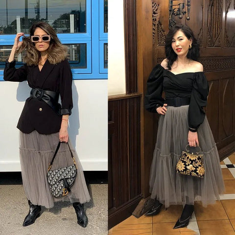 Tulle Midi Skirt Women Gothic Pleated Ruffle Fairy Core Casual Party Elegant Fashion Skirt