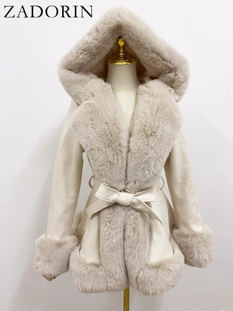 Women's Faux Fur Coat Faux Suede Furry Hood Quality Vegan Fur Coat With Belt Thick Warm Fur Cardigan Jacket