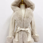 Women's Faux Fur Coat Faux Suede Furry Hood Quality Vegan Fur Coat With Belt Thick Warm Fur Cardigan Jacket