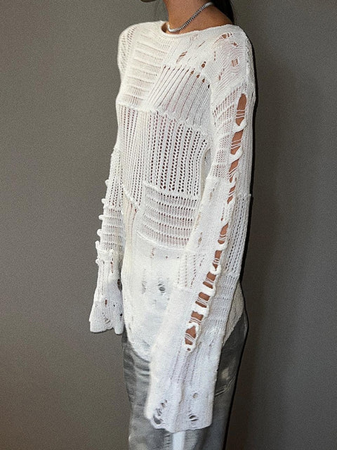 Distressed Hole Sweater Women Vintage Casual Grunge Loose Long Pullover Streetwear Fashion