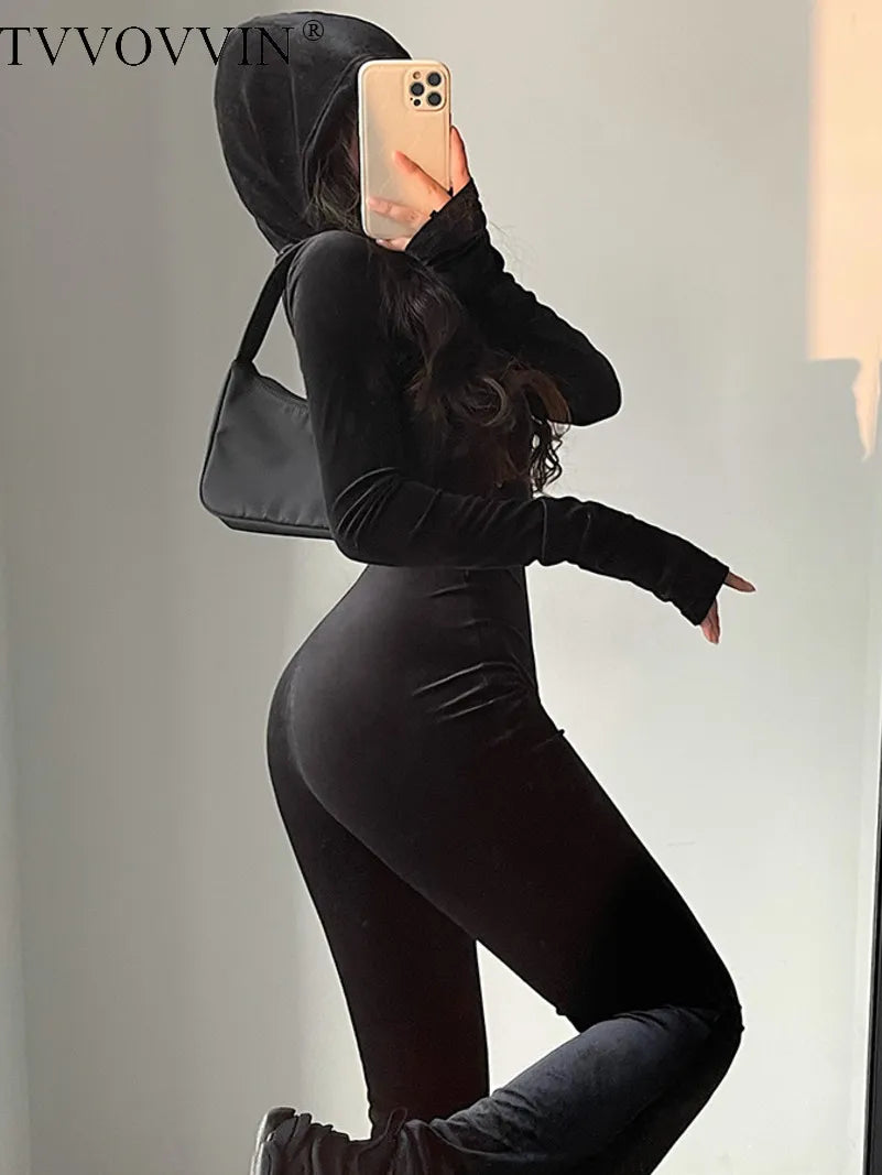 Boutique Fashion Black Velvet Hooded Jumpsuit Long Sleeves Flare Pants Slim Rompers w/ Zipper