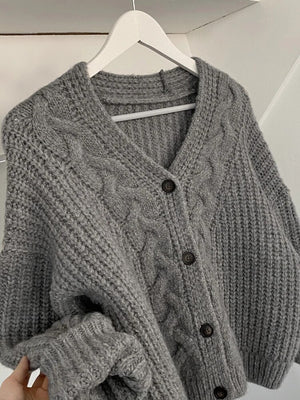 High Quality Vintage Solid Knit Cardigan for Women V-neck Single Breasted Casual Loose Thick Sweater