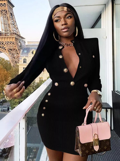 Mini Dress Women Long Sleeve Key Hole Button Pink Bodycon Bandage Elegant Evening Club Party Winter