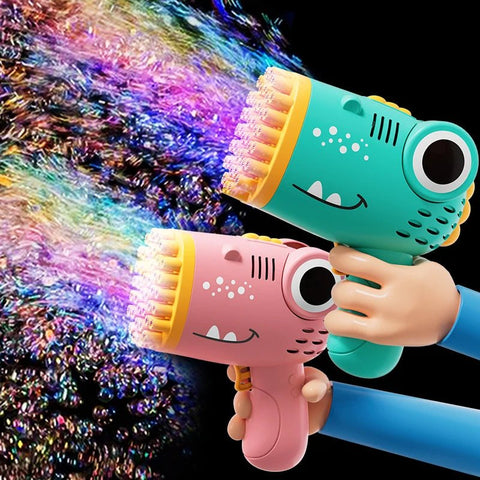 Two colorful bubble guns with cartoon faces, one pink and one teal, being used to create rainbow bubbles on a black background.