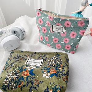 Corduroy Makeup Bag Organizer Clutch Retro Flower Print Cosmetic Bag Travel Make Up Pouch Beauty Storage Cases